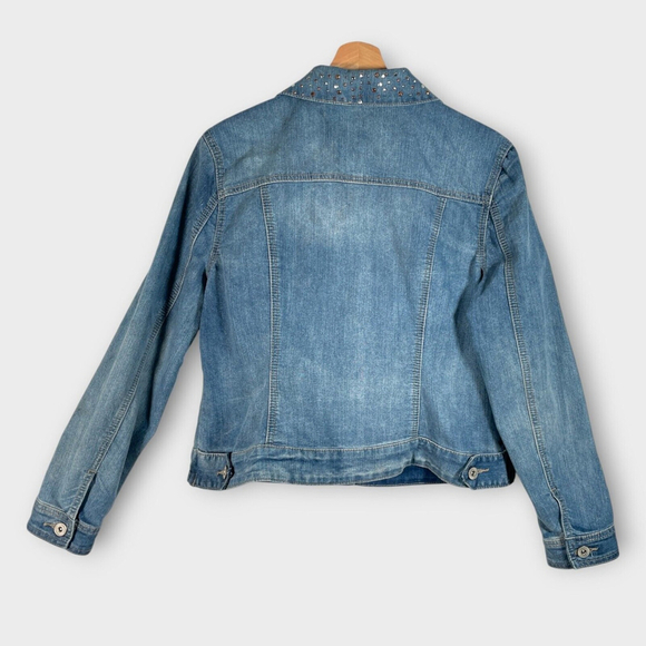 Roz & Ali Denim Trucker Jacket LARGE Embellished Collar Western Rodeo - Picture 2 of 13